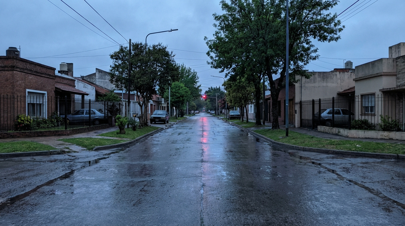 Vista frontal de una calle residencial mojada con casas, árboles y un cielo nublado. Un semáforo rojo se refleja al fondo.