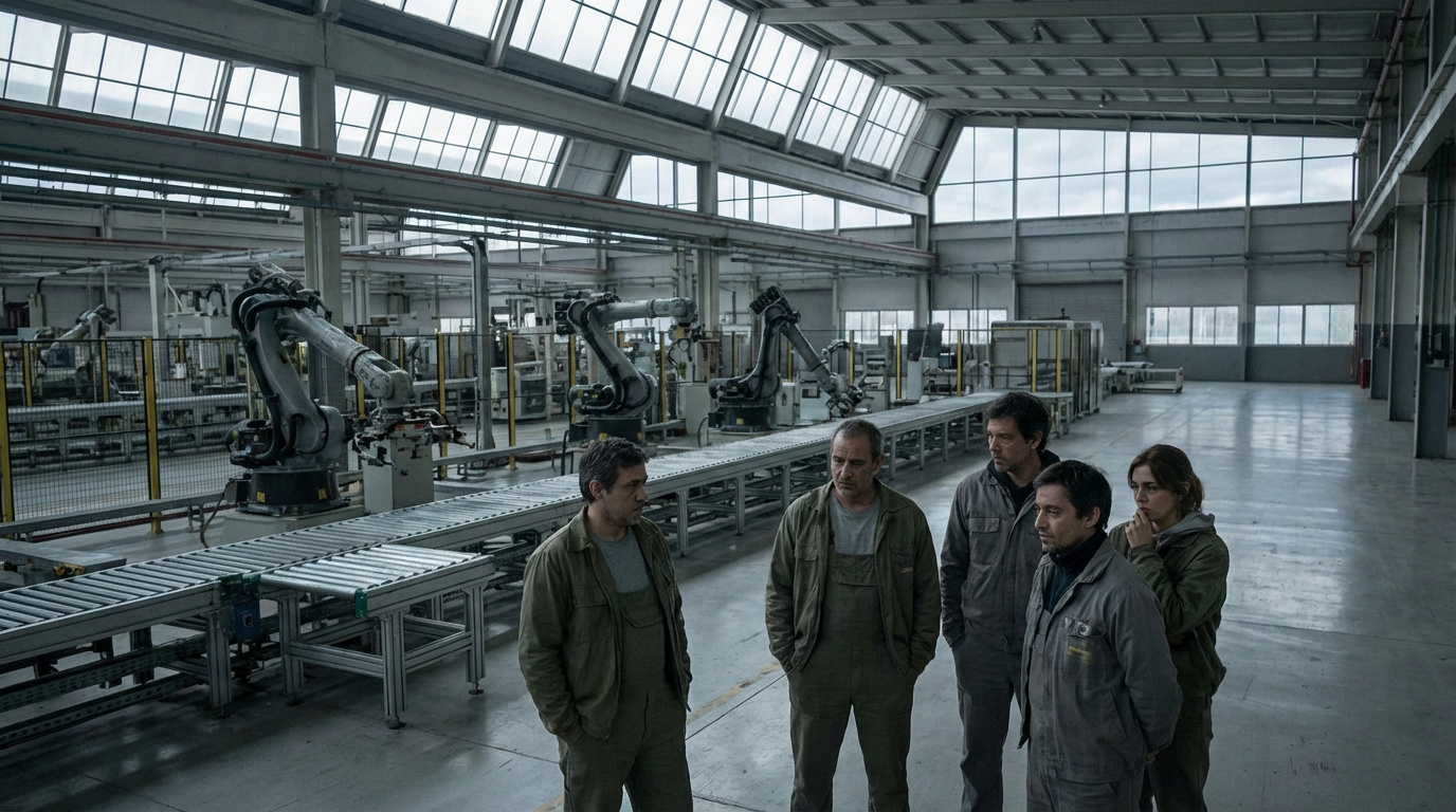 Cinco trabajadores (cuatro hombres, una mujer) de pie en una fábrica industrial moderna con robots inactivos y cintas transportadoras. Miradas pensativas.