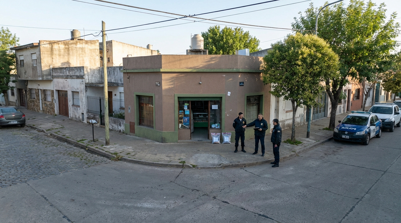 Agentes policiales frente a un kiosco de esquina con mercancía incautada, patrulleros y edificios residenciales en Hurlingham.