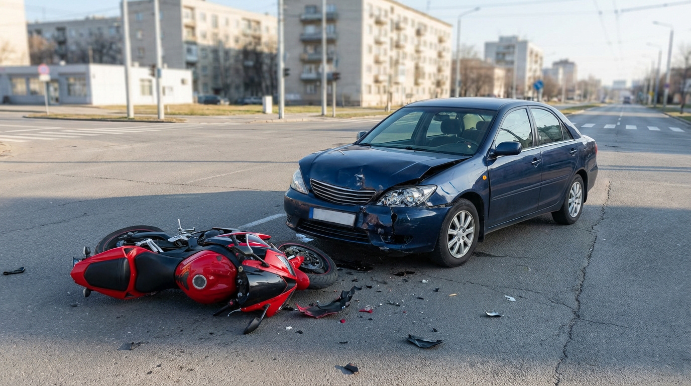 Un coche azul con daños frontales y una motocicleta roja caída en el asfalto tras un choque, con escombros.
