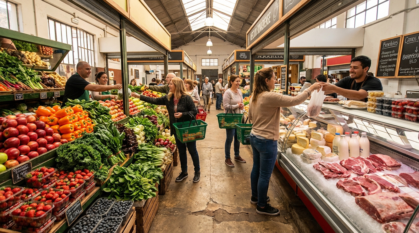 Interior de un mercado concurrido. Clientes compran frutas, verduras, quesos y carnes frescas de amables vendedores en puestos vibrantes.