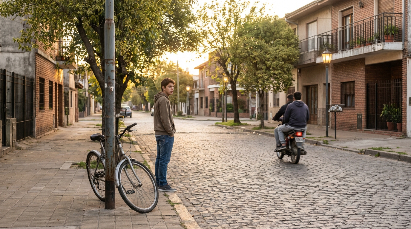 Un adolescente de pie en la vereda observa a dos personas en moto alejándose por una calle residencial empedrada al atardecer.
