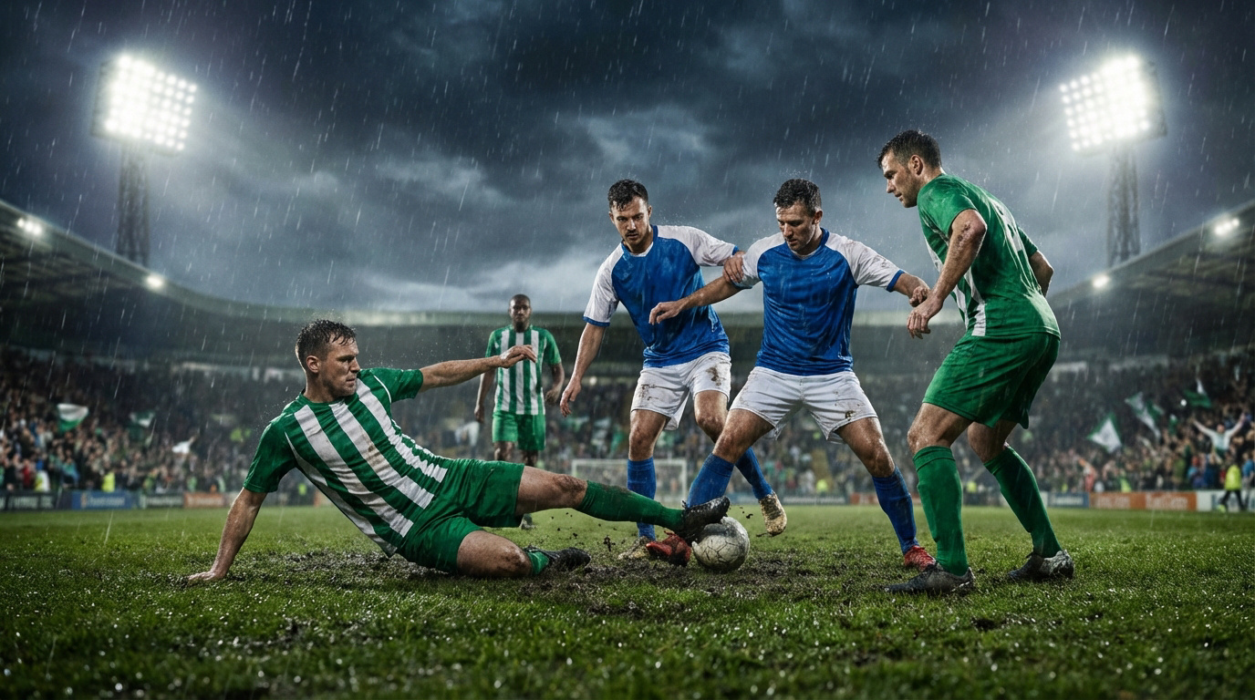 Partido de fútbol intenso bajo lluvia torrencial. Jugadores con camisetas verdes y azules disputan el balón en un campo embarrado.