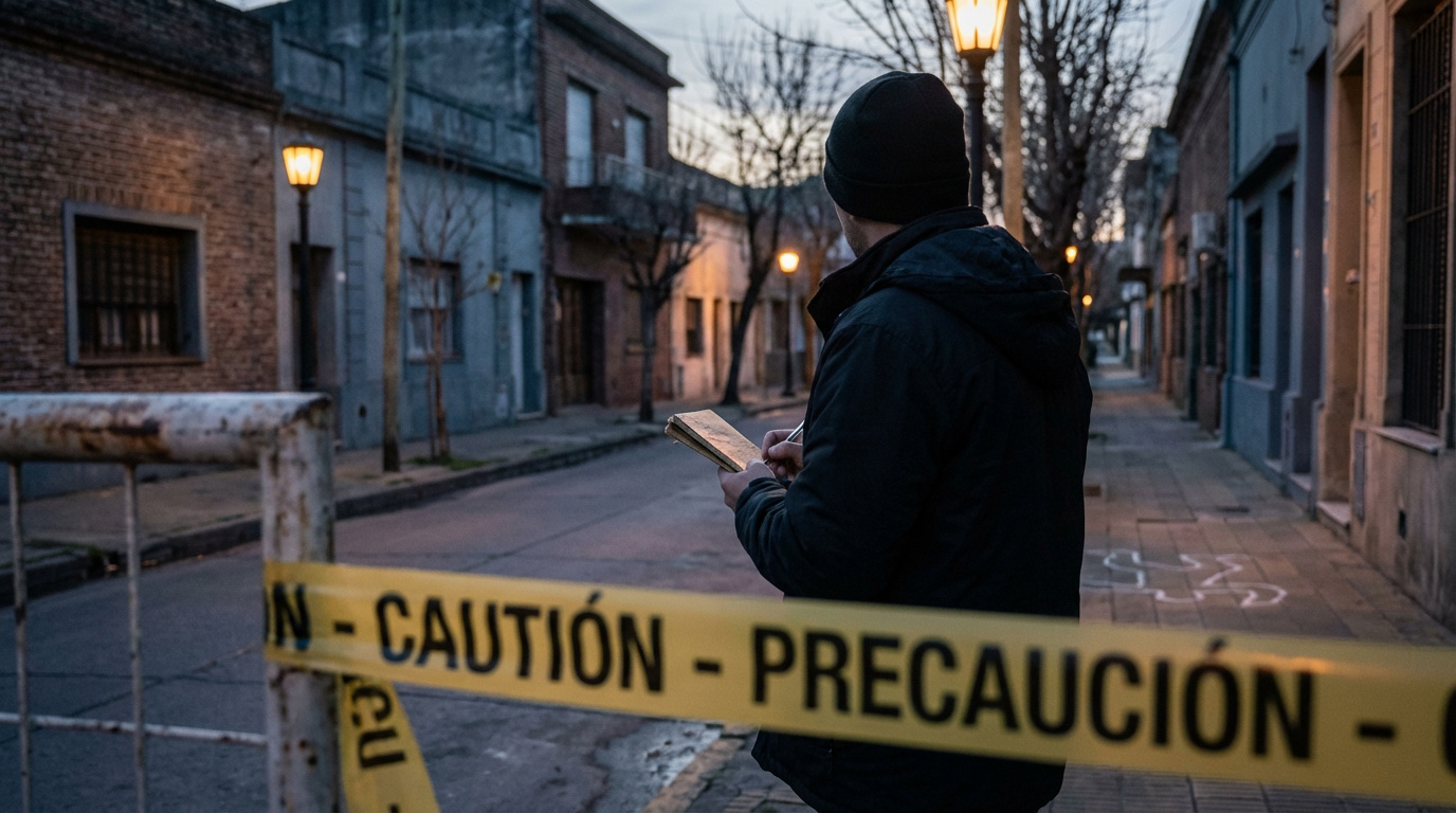 Un investigador anota en una escena de crimen acordonada con cinta amarilla, con una silueta de tiza en la acera.