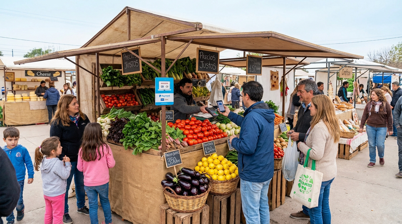 Puesto de verduras vibrante en un mercado al aire libre de Ituzaingó. Clientes compran, se ven pagos móviles y carteles de "Precios Justos".