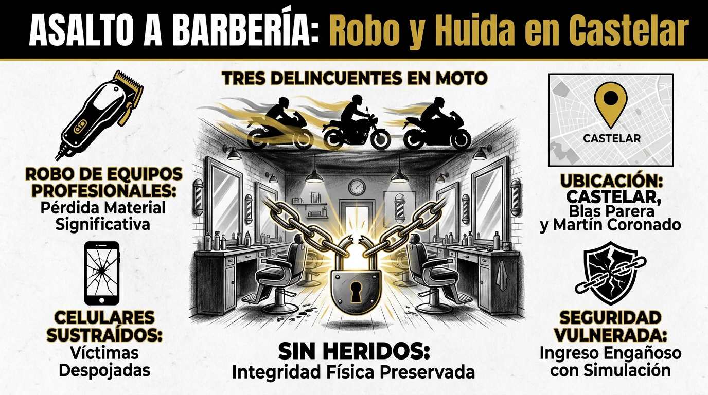 Delincuentes huyendo de barbería en Castelar tras robo a mano armada