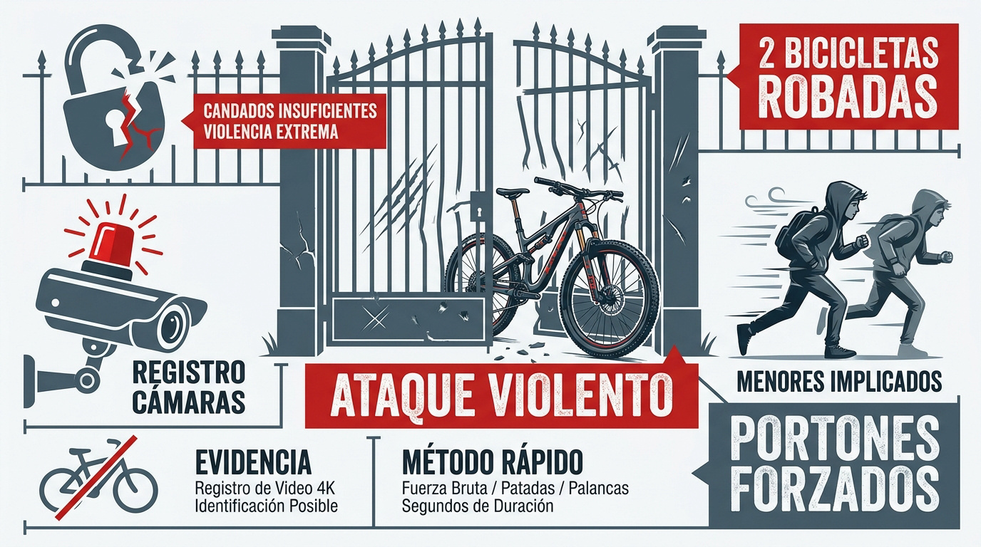 Registro de seguridad de robo violento de bicicletas y portón dañado en San Antonio de Padua