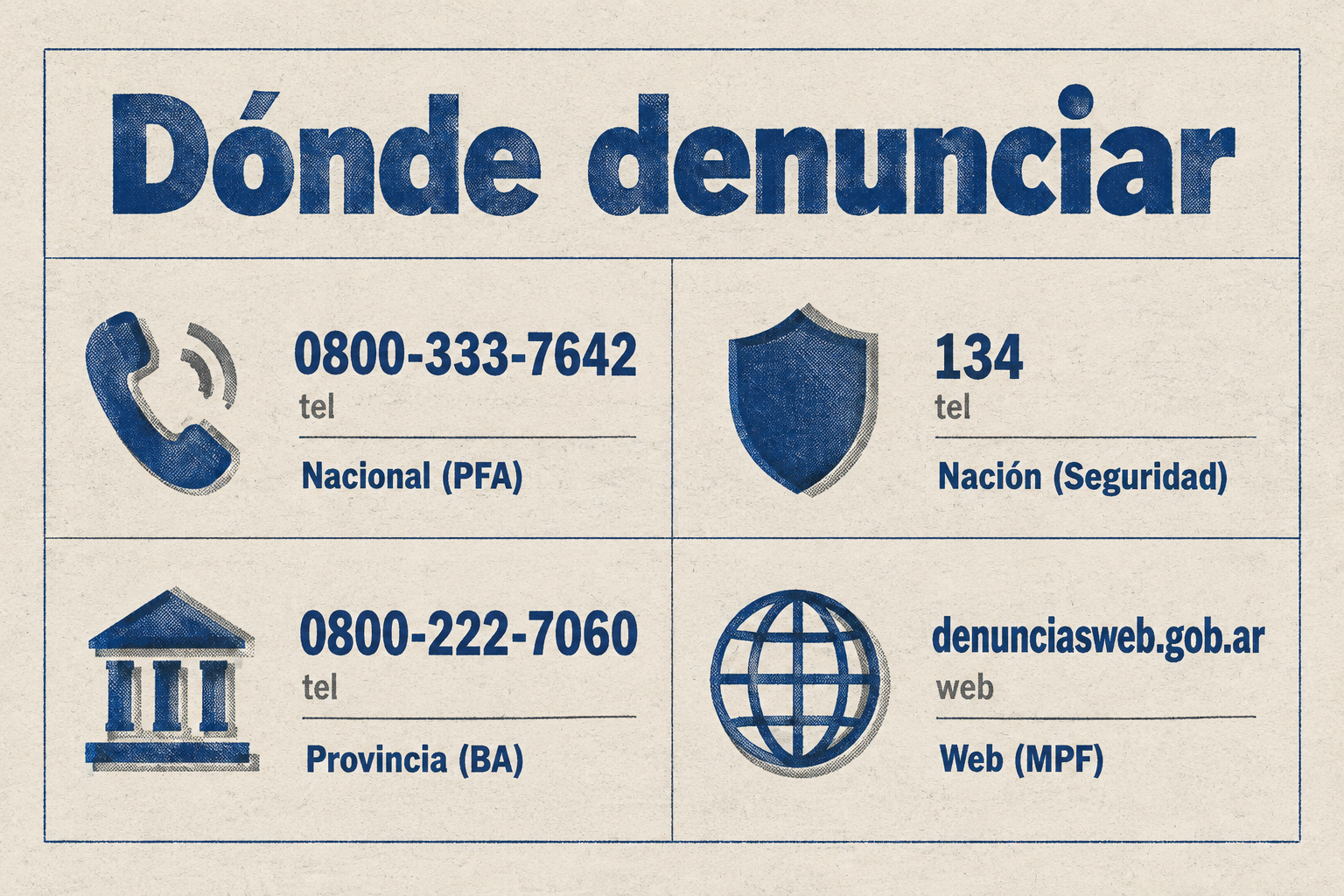Infografía que muestra los canales de denuncia anónima con sus números de teléfono y el sitio web.