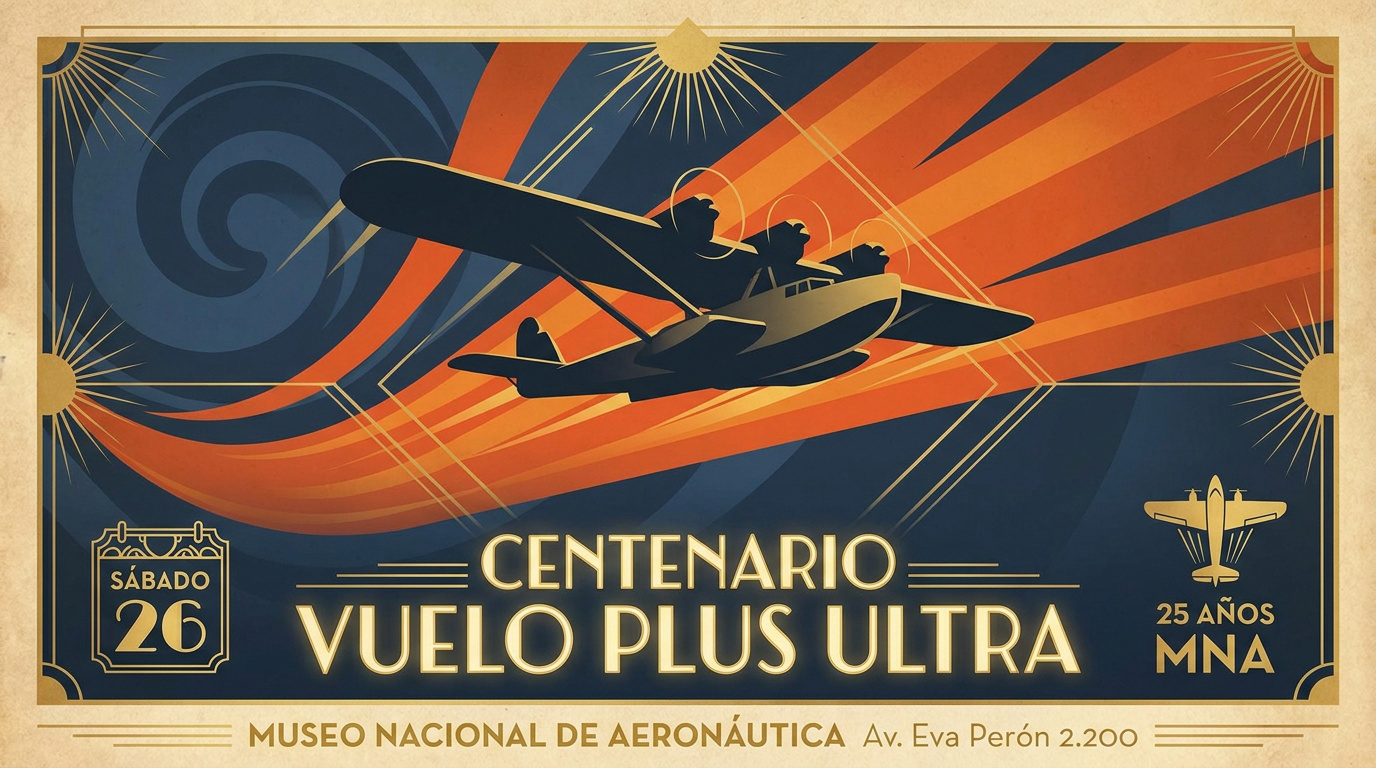 Póster artístico estilo Art Déco conmemorando el centenario del vuelo del hidravión Plus Ultra