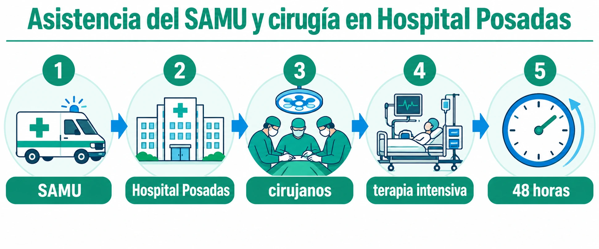 Secuencia de llegada del SAMU, ingreso de urgencia al Hospital Posadas, intervención de los cirujanos, internación en terapia intensiva y observación de las próximas 48 horas.