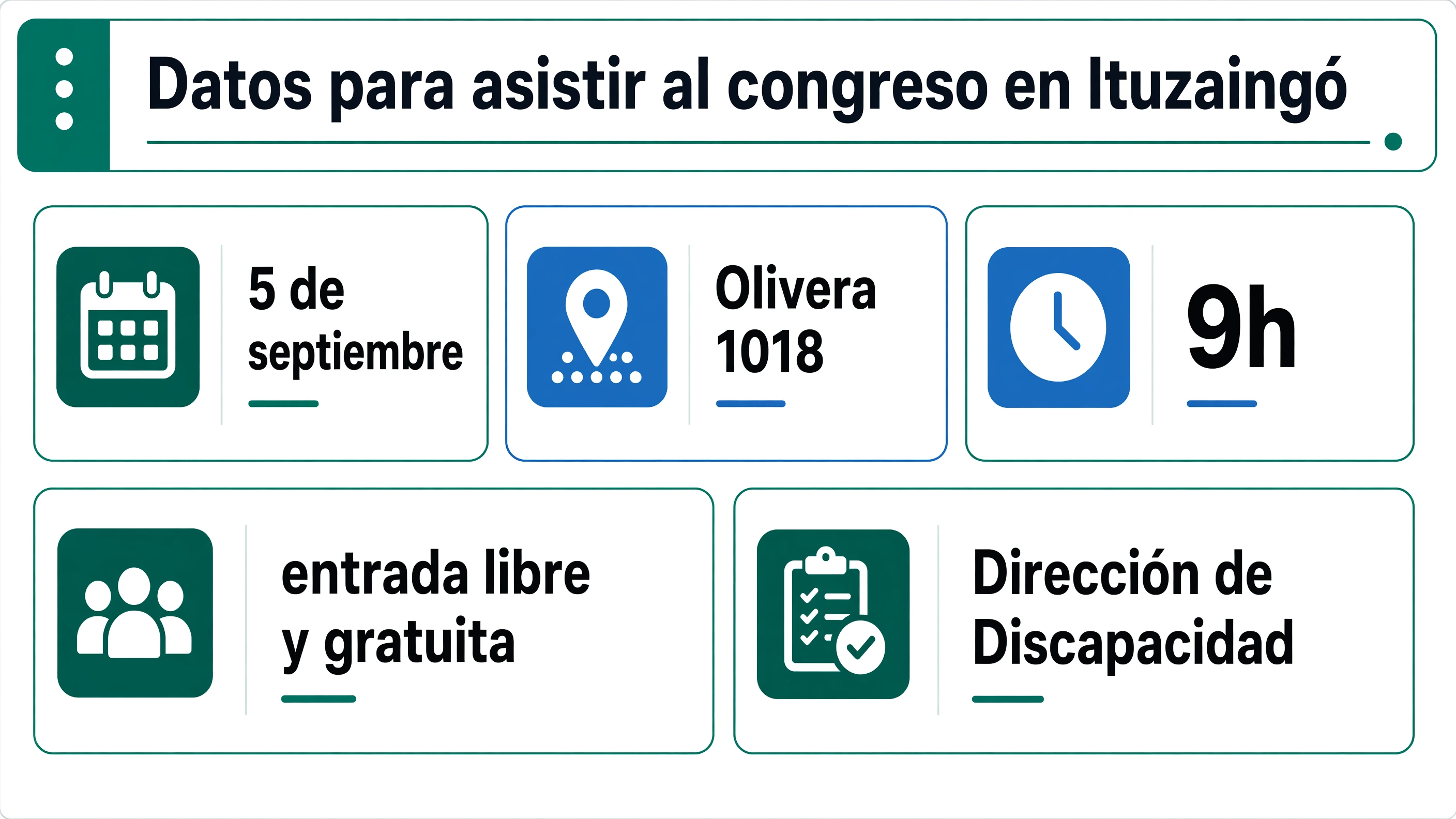 Módulos con fecha 5 de septiembre, dirección Olivera 1018, inicio a las 9h, entrada libre y gratuita e inscripción por la Dirección de Discapacidad de Ituzaingó.