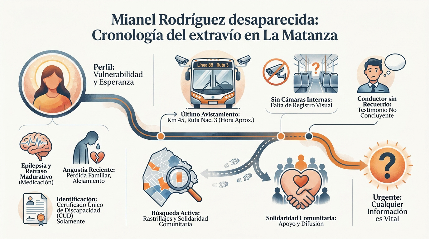Infografía de la búsqueda de Mianel Rodríguez en Virrey del Pino, La Matanza