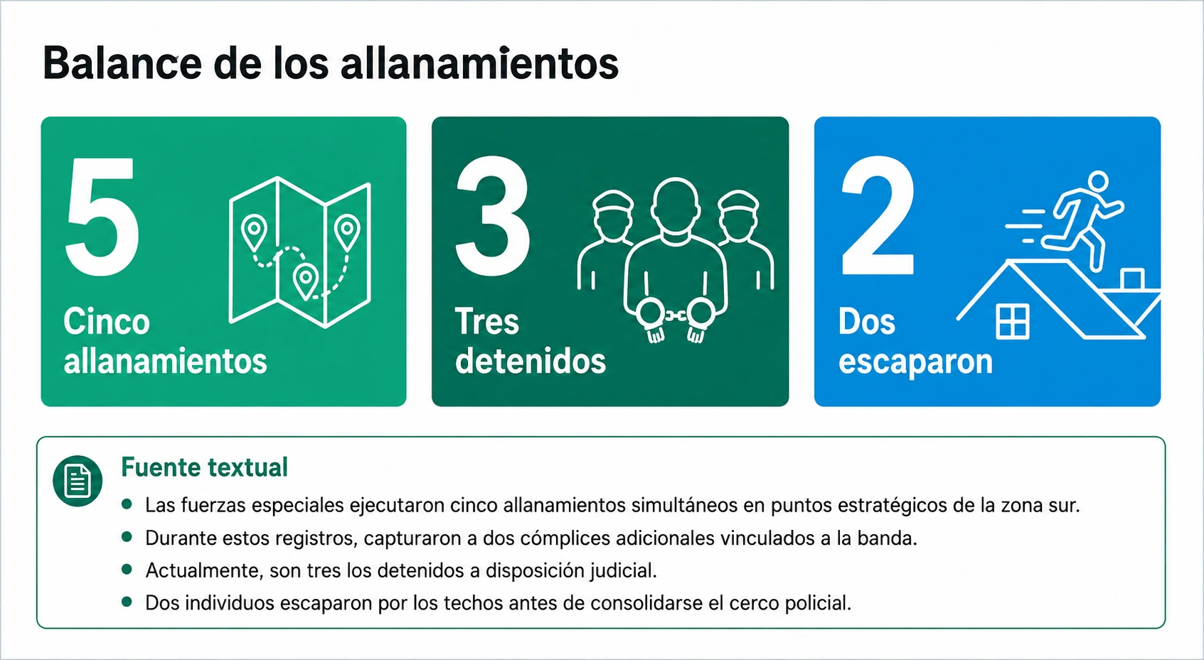Panel con el resultado del operativo: cinco allanamientos simultáneos, tres detenidos a disposición judicial y dos individuos que escaparon por los techos.