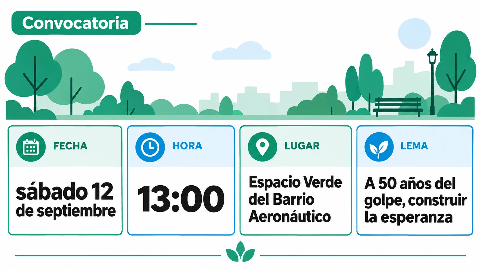 Módulos con los datos del encuentro: sábado 12 de septiembre a las 13:00 en el Espacio Verde del Barrio Aeronáutico, Ituzaingó, lema A 50 años del golpe construir la esperanza.