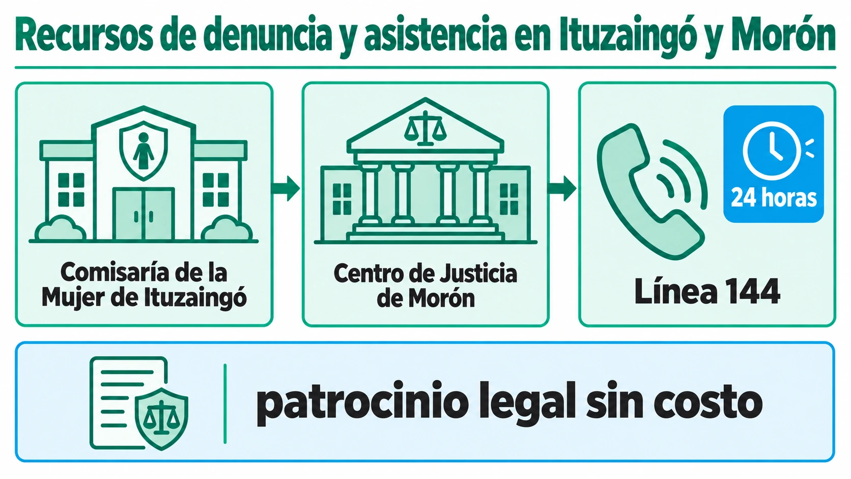 Módulos con los centros de denuncia en Ituzaingó y Morón, el patrocinio jurídico gratuito y la línea 144 de atención las 24 horas.