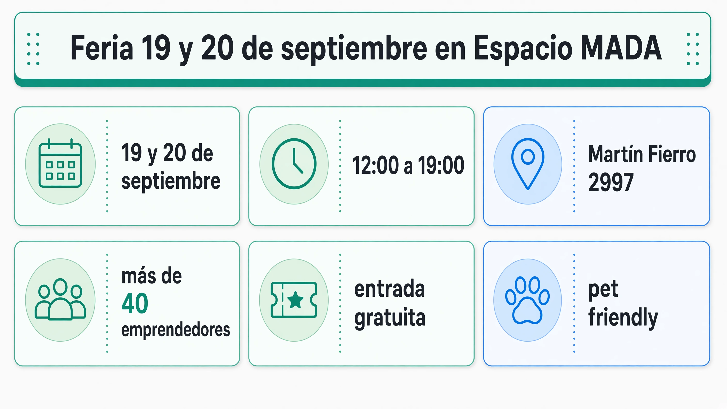 Panel con más de 40 emprendedores, fechas 19 y 20 de septiembre, horario 12:00 a 19:00, dirección Martín Fierro 2997, entrada gratuita y pet friendly