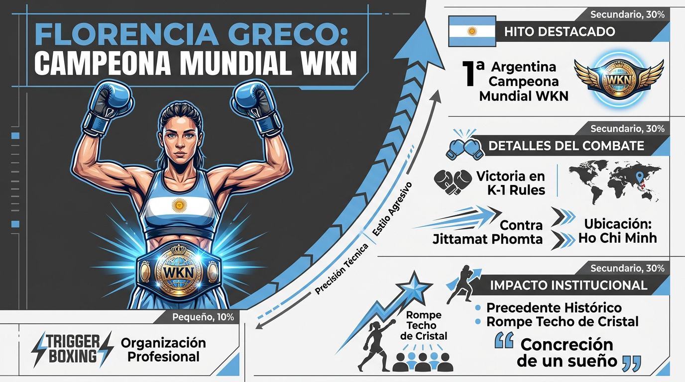 Florencia Greco celebrando el título mundial de kickboxing WKN