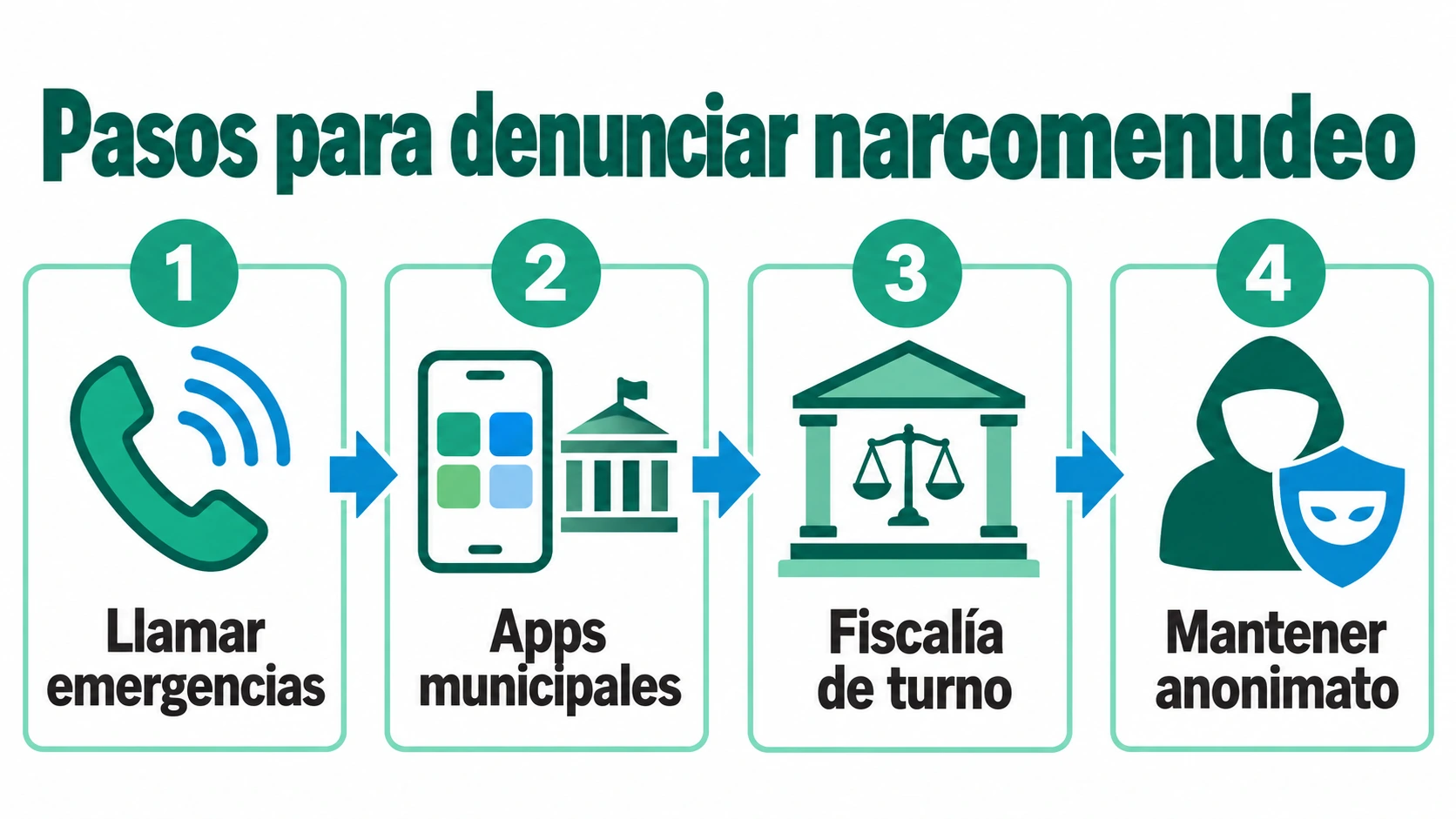 Secuencia de cuatro pasos para que vecinos de Hurlingham denuncien narcomenudeo de manera anónima: emergencias, aplicaciones municipales, fiscalía y reserva de identidad.