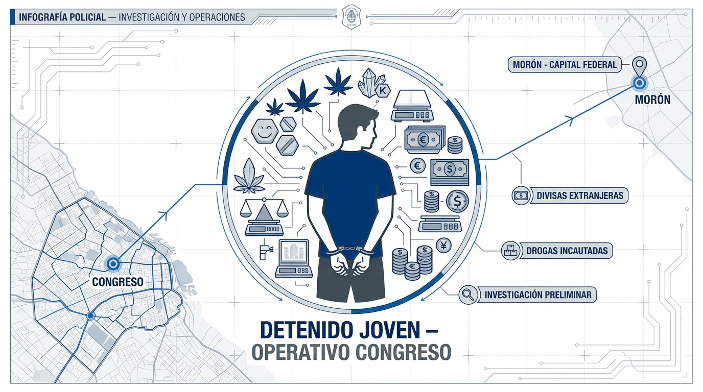 Infografía del operativo policial en Congreso con detalles de la detención y drogas incautadas