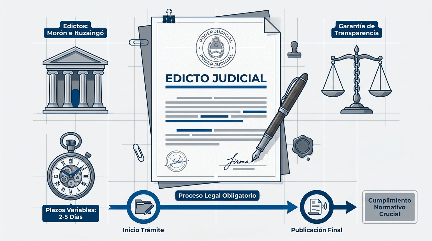 Infografía sobre el proceso legal de publicación de edictos judiciales en la provincia de Buenos Aires