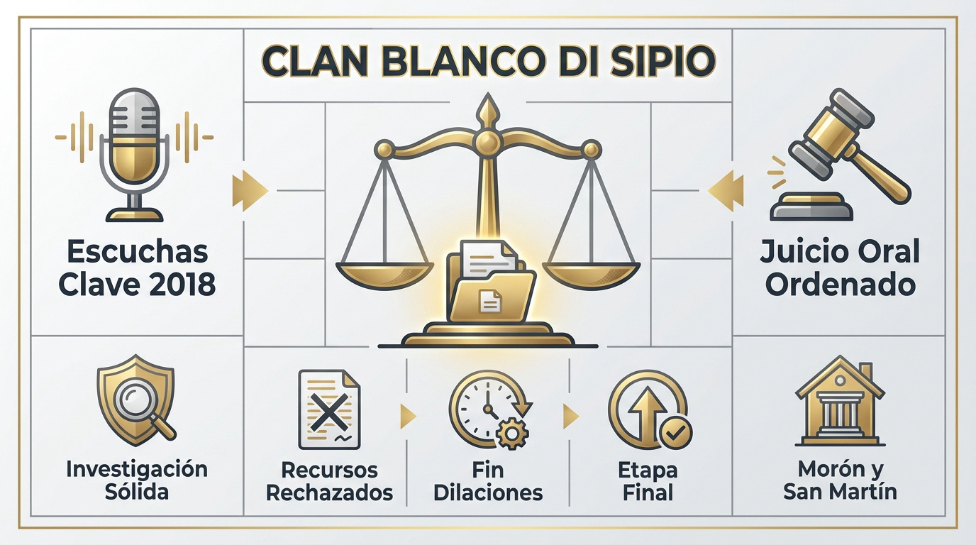 Infografía judicial detallando la estructura y el procesamiento del clan Blanco Di Sipio