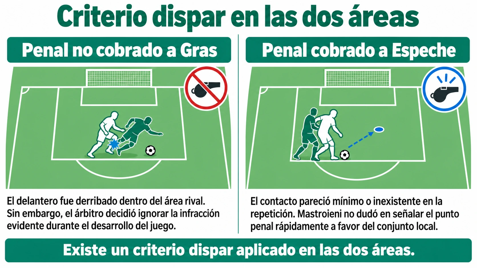 Comparación lado a lado de las jugadas polémicas: falta sobre Segundo Gras no sancionada versus caída de Alan Espeche cobrada como penal por Nicolás Mastroieni.