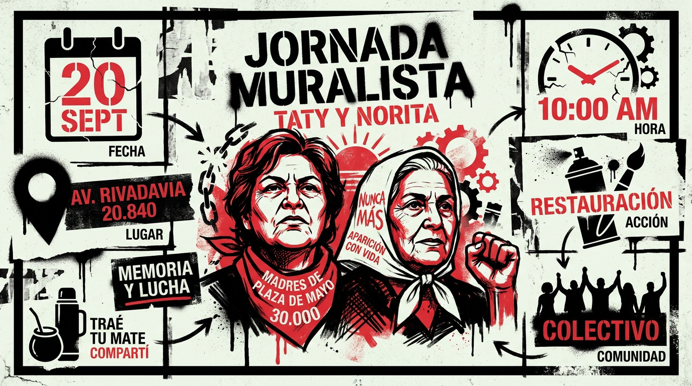 Artistas del colectivo Desborde trabajando en el mural de Taty Almeida y Norita Cortiñas en Castelar