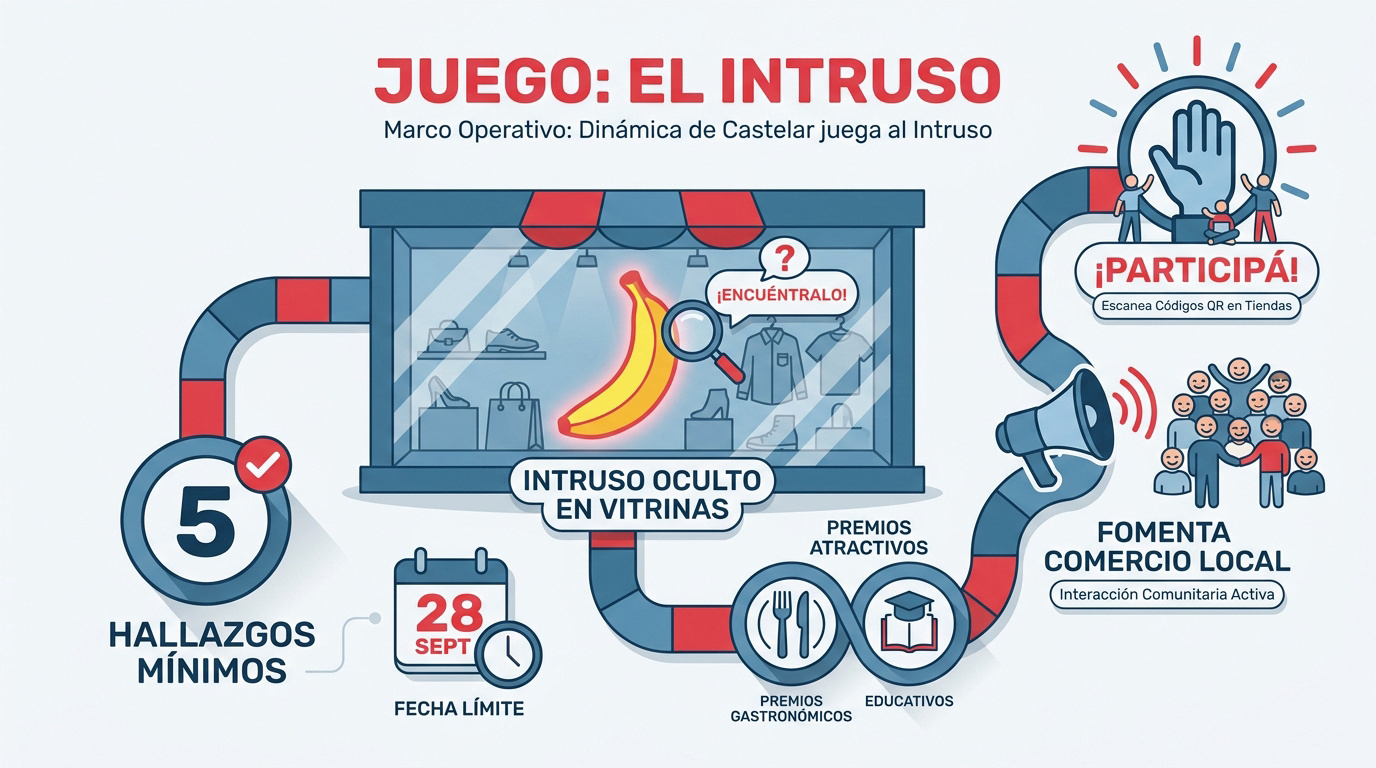 Participantes buscando objetos intrusos en las vitrinas de comercios en Castelar