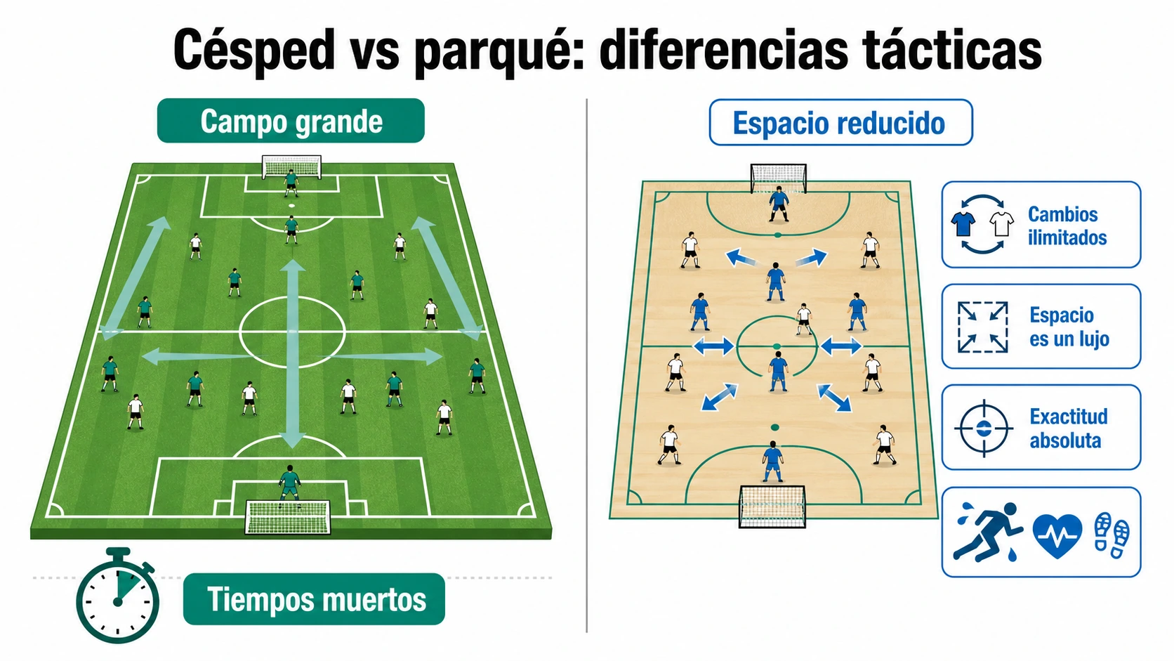 Comparación lado a lado entre fútbol de campo grande con tiempos muertos y futsal de espacio reducido con cambios ilimitados, intensidad constante y precisión absoluta en cada pase.