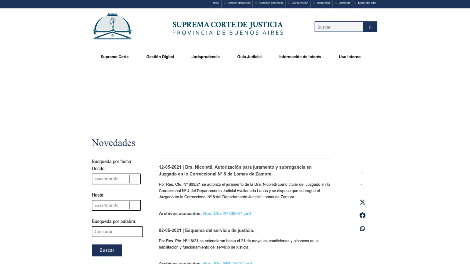 Listado de diarios habilitados y gestión de pagos judiciales