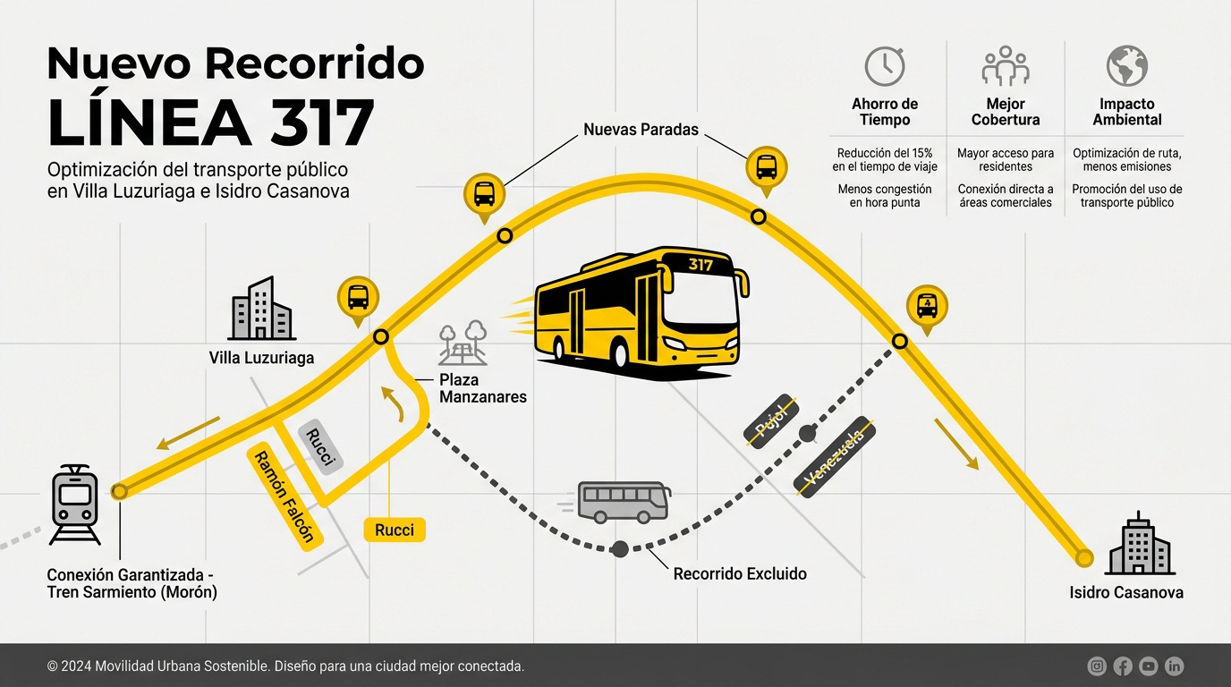 Mapa del nuevo recorrido de la línea 317 en Villa Luzuriaga y paradas añadidas