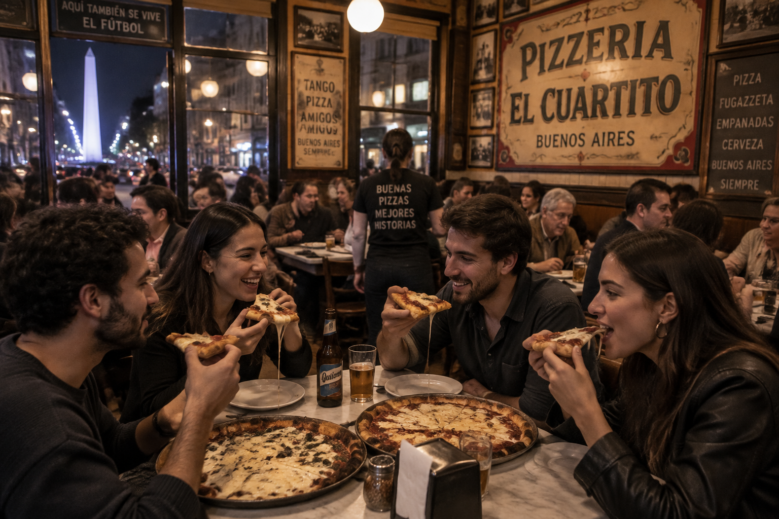 Gente comiendo pizza en una pizzería animada de Buenos Aires