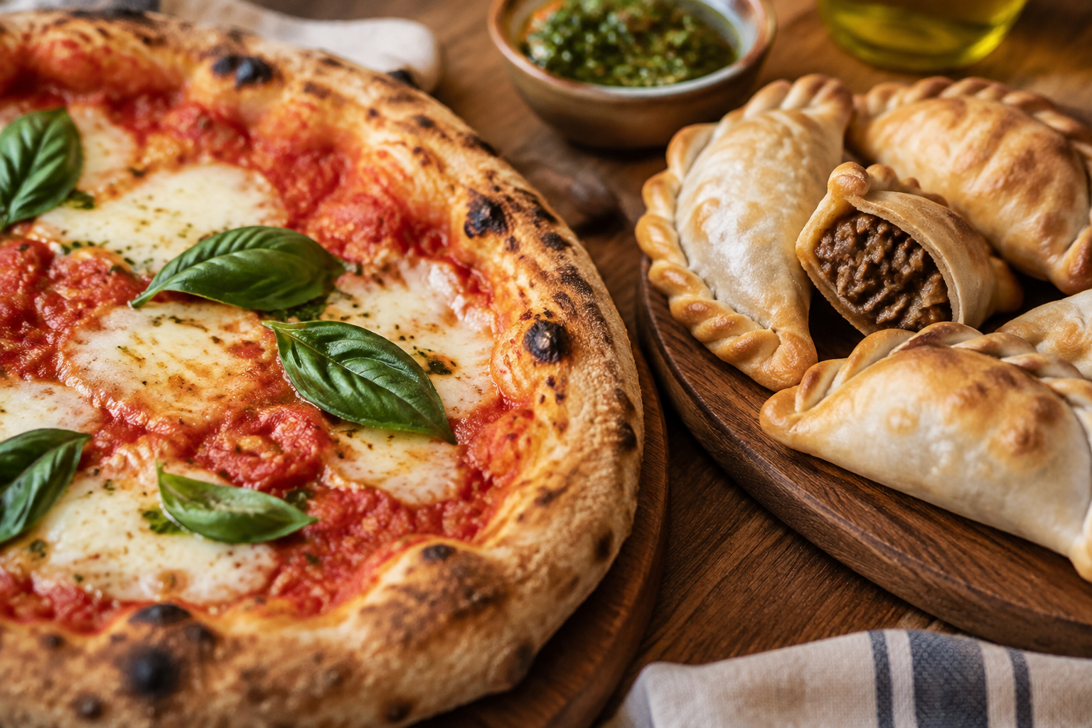 Pizza y empanadas sobre una mesa