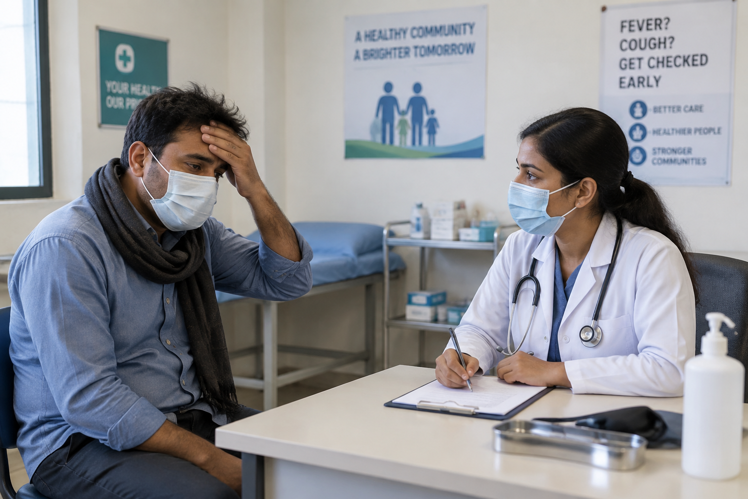 Un paciente con fiebre es atendido por un médico en un centro de salud