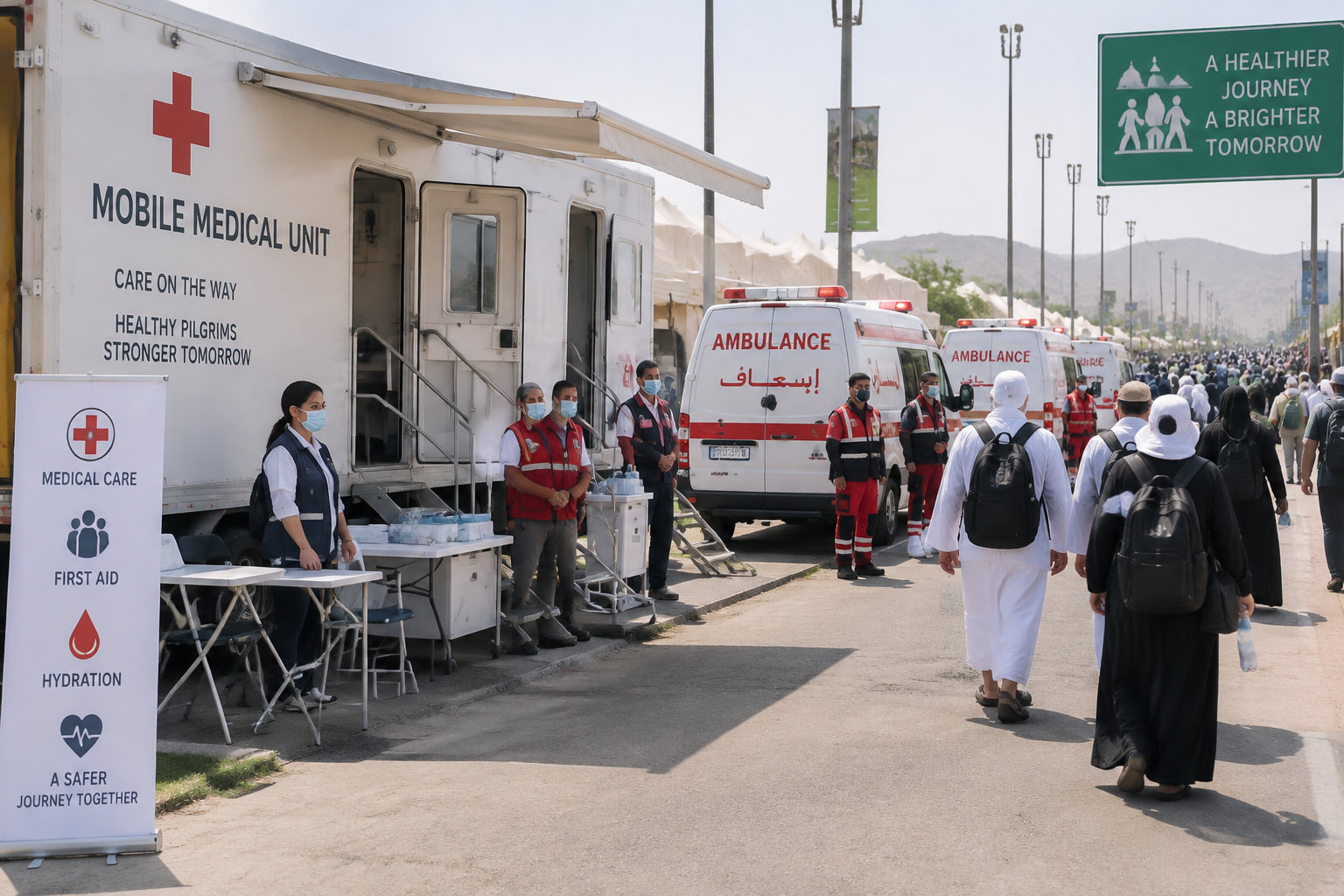 Una unidad móvil de atención médica y ambulancias están preparadas para asistir a los peregrinos durante la marcha.