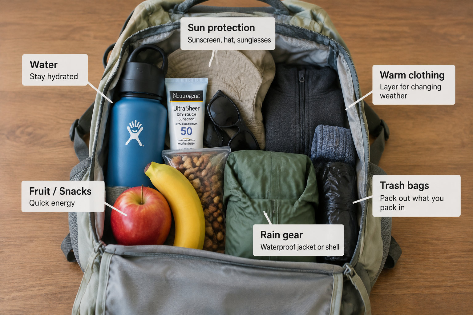 Una mochila liviana abierta contiene agua, fruta, protector solar, gorro, abrigo, protección para la lluvia y bolsas para residuos.