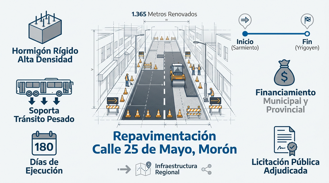 Obras de repavimentación en la calle 25 de Mayo de Morón
