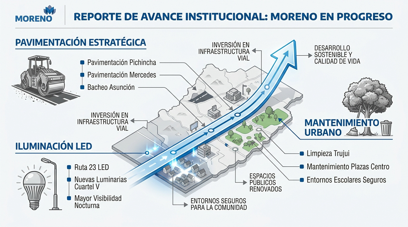 Reporte de avance de obras públicas y mantenimiento urbano en Moreno