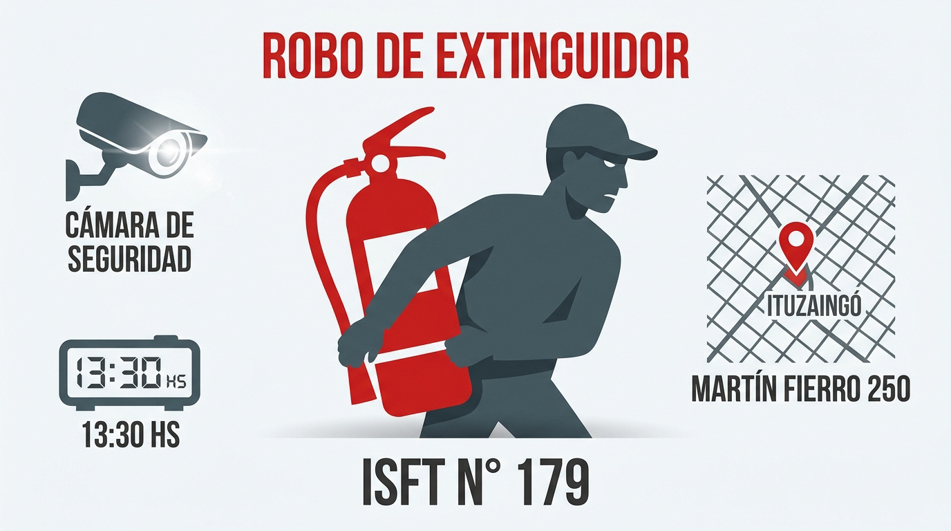 Registro de cámara de seguridad mostrando el robo de un extintor en Ituzaingó