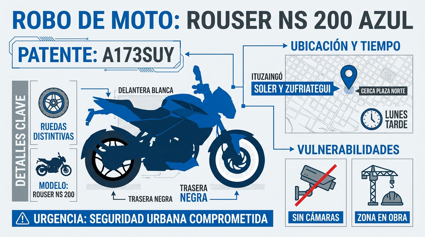 Moto Rouser NS 200 azul robada en el centro de Ituzaingó frente a Plaza Norte
