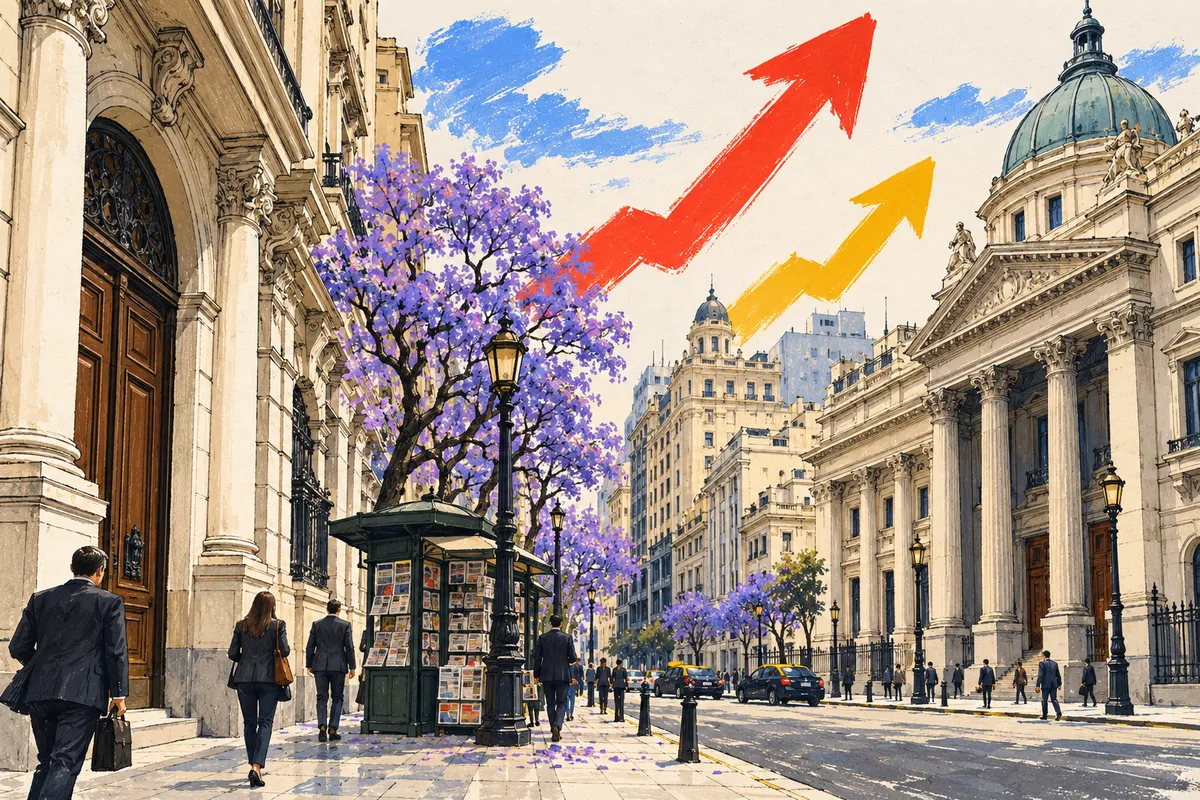 Ilustración: una calle de la City porteña con fachadas de bancos clásicos, peatones y un kiosco de diarios, con dos flechas que suben a distinta altura en el cielo.