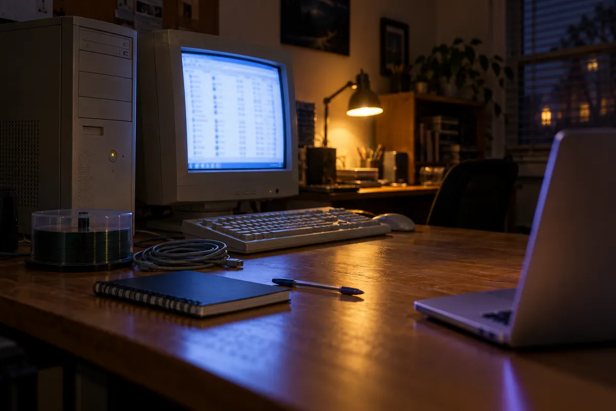 Una vieja computadora de escritorio beige con monitor de tubo encendido sobre un escritorio de madera, de noche, con discos CD-R, un cuaderno y, en primer plano, el borde de una laptop moderna.