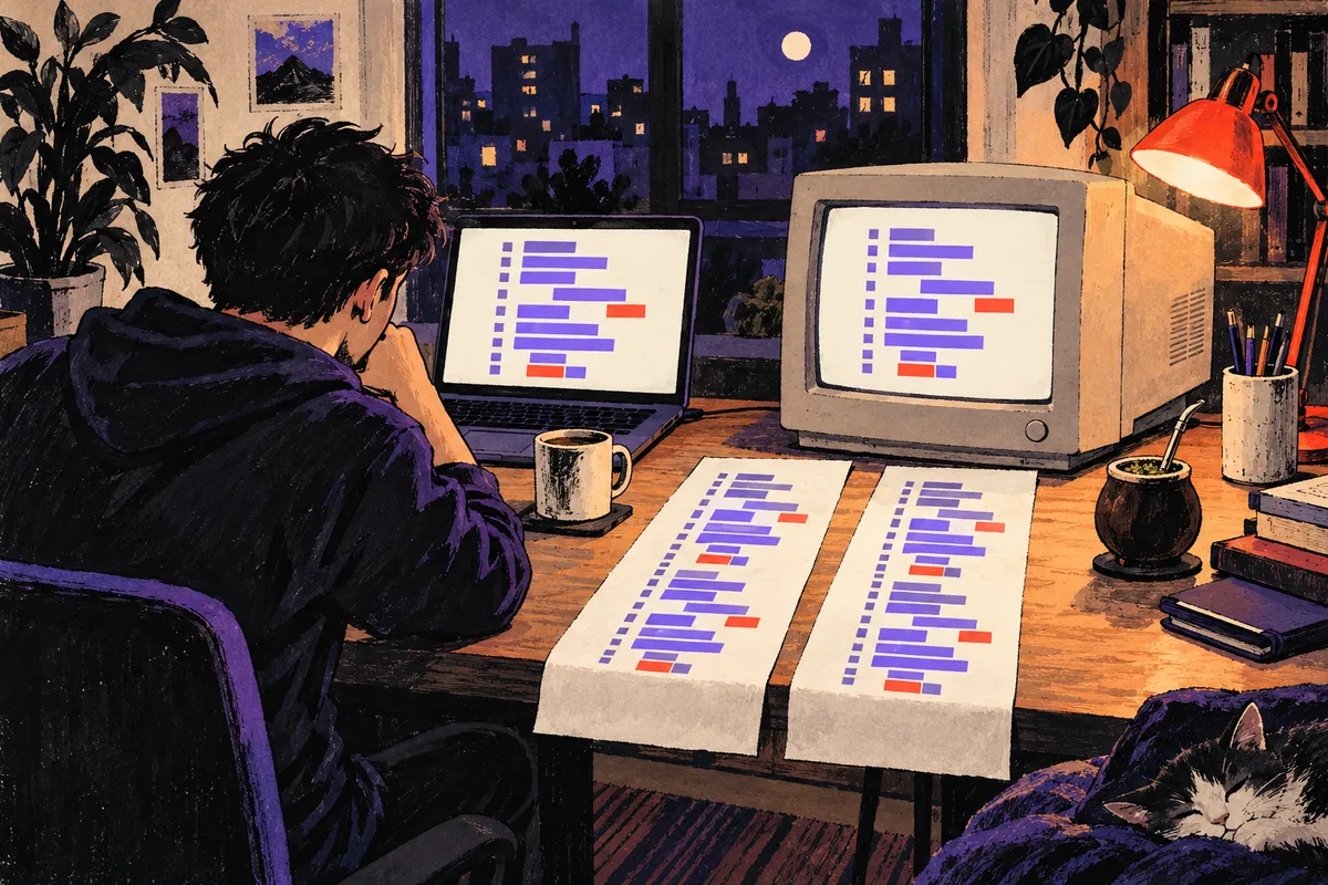 Ilustración: un programador joven, de espaldas, compara de noche una laptop moderna y una vieja computadora de tubo; sobre el escritorio, dos impresiones parecidas, un mate, una taza y un gato dormido.