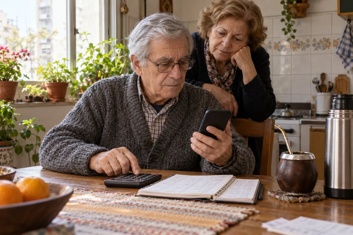 Un jubilado con anteojos hace cuentas con un celular y una calculadora en la mesa de la cocina, junto a un mate, mientras su esposa mira por encima de su hombro.