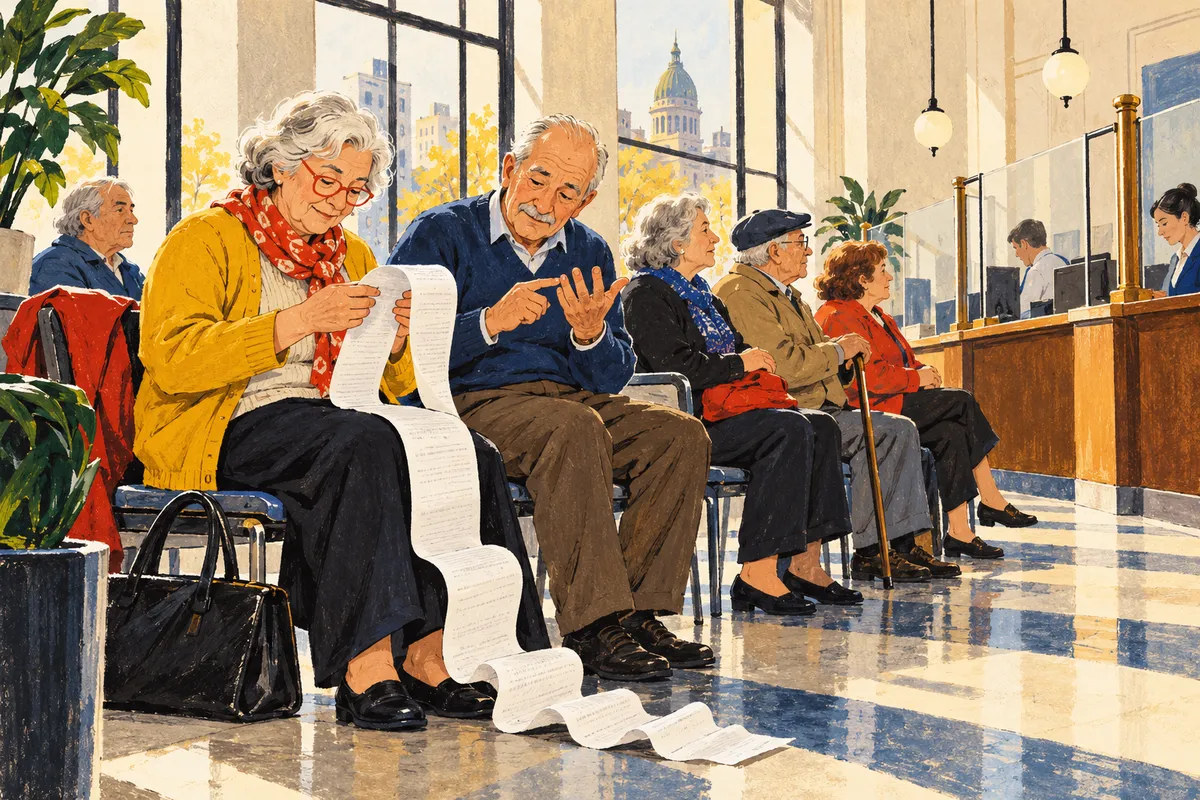 Ilustración: jubilados esperan sentados en un banco mientras una mujer mira un largo comprobante de papel que se desenrolla hasta el piso.