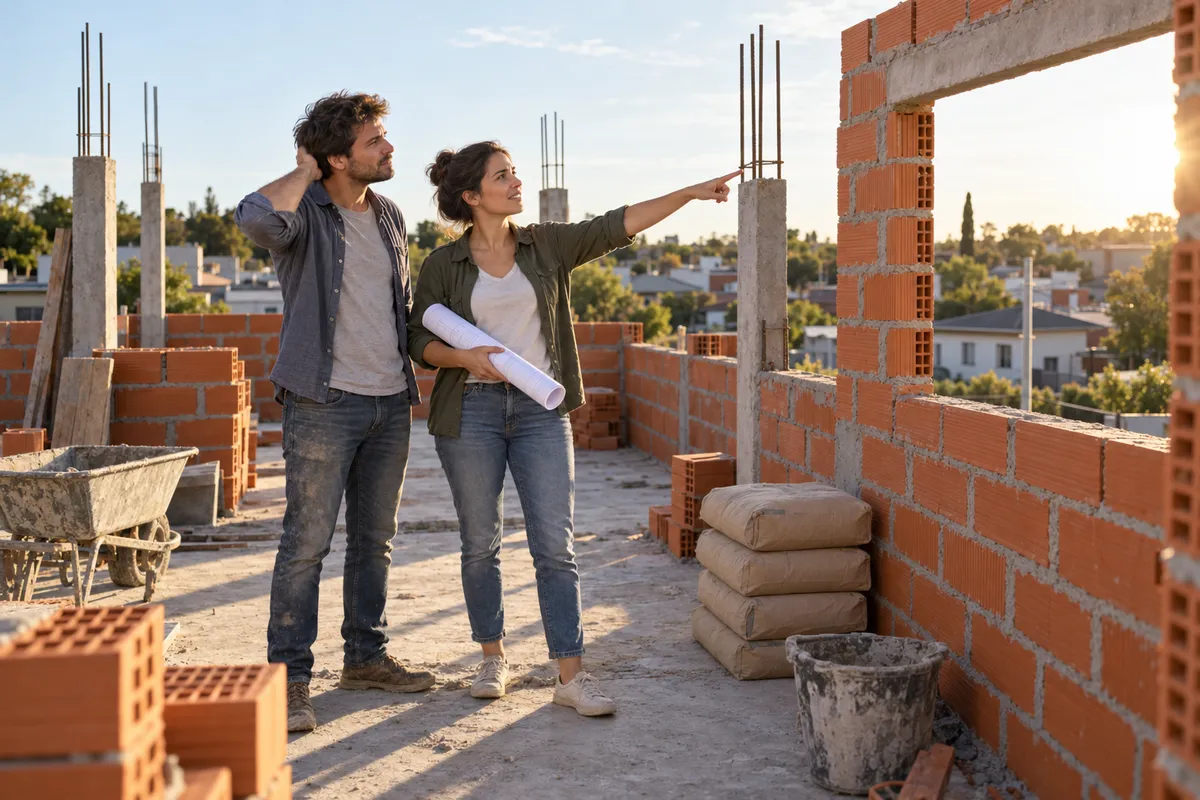 Una pareja con planos en la mano recorre una vivienda en construcción con paredes de ladrillo hueco y columnas de hormigón con hierros a la vista.