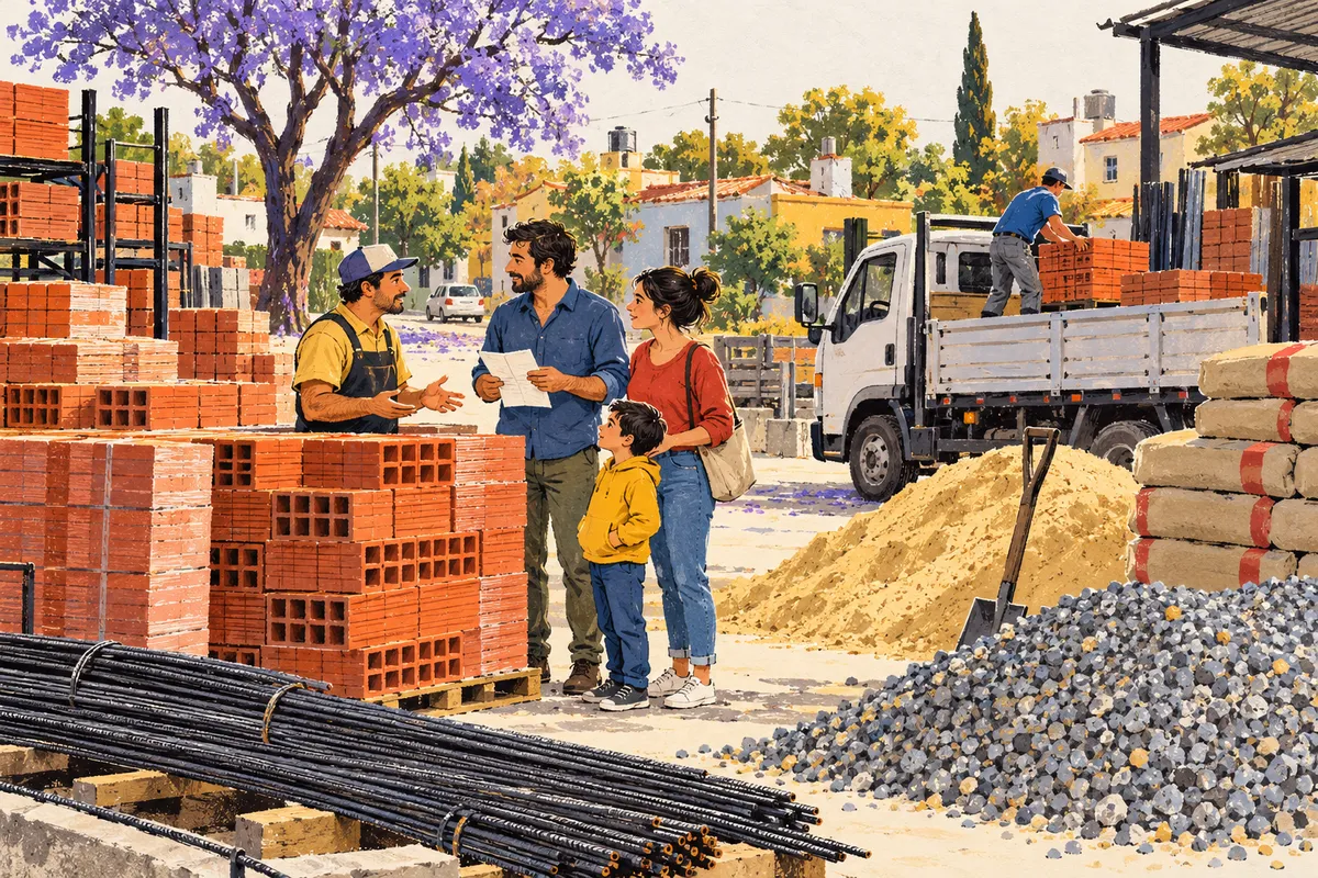 Ilustración: una familia conversa con un empleado en un corralón, entre pilas de ladrillos huecos, arena, hierro y bolsas de cemento, mientras cargan un camión.