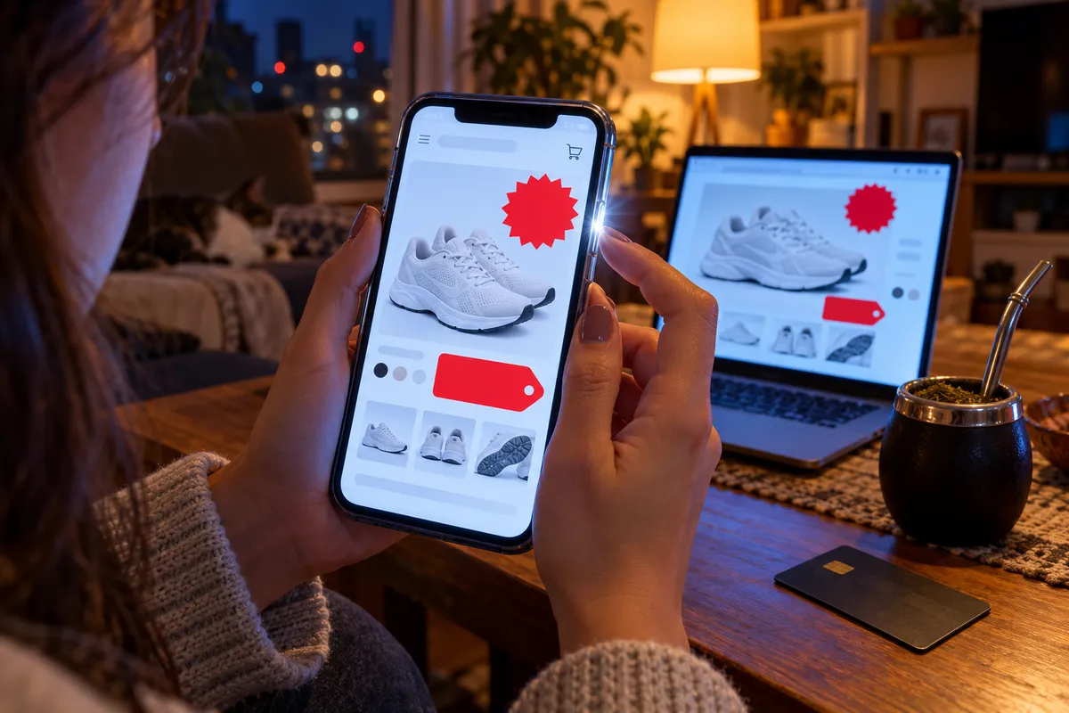 Primer plano de una mano que sostiene un celular con la página de una tienda online que muestra unas zapatillas blancas y una etiqueta roja de oferta, mientras los dedos aprietan los botones laterales para sacar una captura; detrás, desenfocada, una notebook con las mismas zapatillas, un mate y una tarjeta sobre la mesa ratona, de noche.