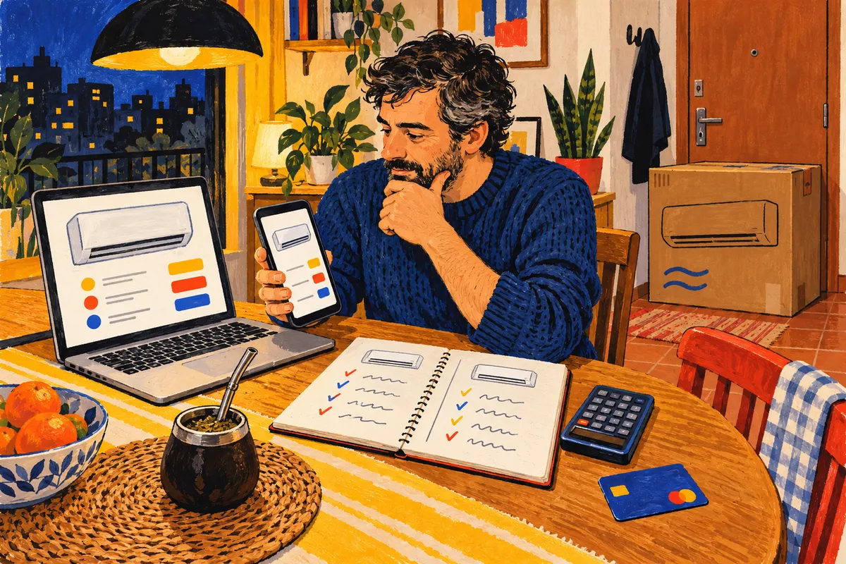 Ilustración: un hombre de suéter azul, sentado a la mesa de la cocina de noche, compara el precio de un aire acondicionado en el celular y la notebook, con un cuaderno de dos columnas, una calculadora, una tarjeta y un mate; junto a la puerta espera una caja de cartón.