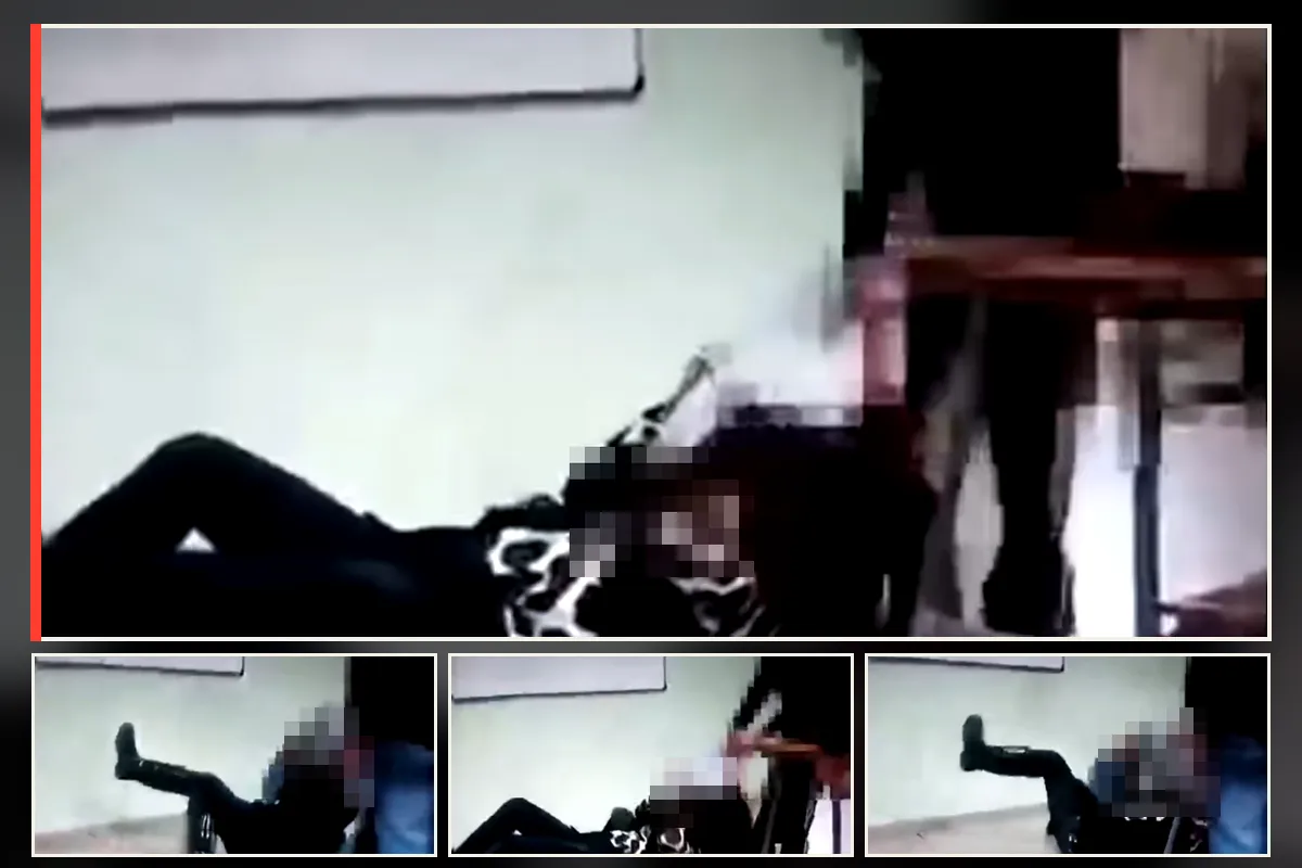 Montaje de cuatro cuadros de un video de celular: en un aula con pizarrón y bancos, una persona caída en el piso y otra de pie a su lado; los rostros están pixelados.